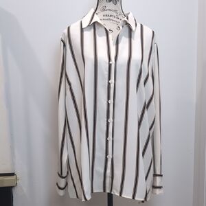 HAVER | Women's Black/White/Brown Striped Relaxed Fit Button Down Blouse